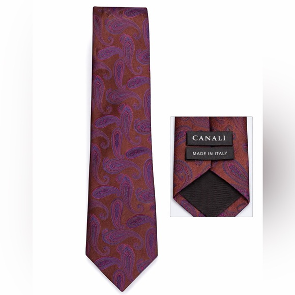 Canali Men’s Brown Purple Paisley 100% Silk Made in Italy Tie Luxury